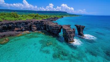 Stunning Aerial View of Tropical Ocean Cliffs Turquoise Water Volcanic Rock Formations photo