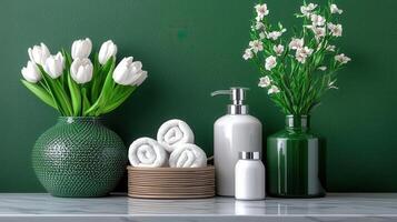 Spa Relaxation White Tulips Rolled Towels and Elegant Bathroom Decor on Marble Shelf photo