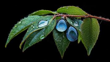 Vibrant Green Leaves with Sparkling Dew Drops and Blue Water Beads Macro Photography photo