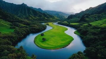 Serene Aerial View of Lush Green Valley with Winding River and Mountains photo