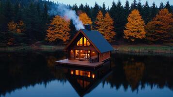 Idyllic Autumn Log Cabin on Lake Illuminated Forest Reflection photo