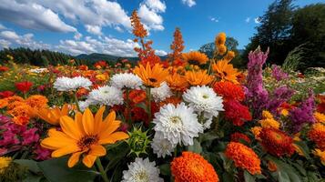 Vibrant Summer Wildflower Meadow Landscape with Blooming Orange White and Red Flowers photo