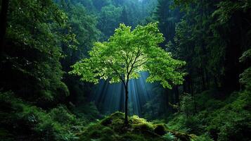 Serene Sunlight Illuminating Lush Green Tree in Deep Forest photo