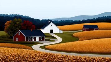 Serene Autumn Farm Scene Rolling Hills Golden Cornfields Red and White Barns photo