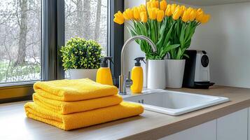 Stack of Yellow Bath Towels Tulips and Cleaning Supplies in Modern Bathroom photo