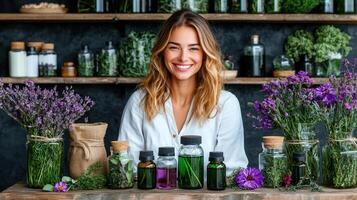 Happy Woman with Essential Oils and Herbs in a Botanical Shop photo