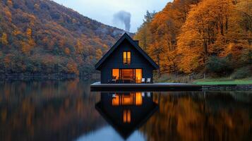 Lakeside Cabin Autumn Scenery Illuminated Modern House on Calm Lake with Vibrant Fall Foliage photo