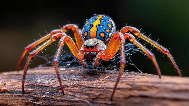 vibrante orbe tejedor araña en madera cerca arriba macro fotografía de vistoso arácnido insecto foto