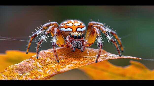 vibrante orbe tejedor araña en otoño hoja de cerca macro fotografía foto