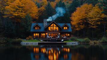 Luxurious Lakeside Cabin in Autumn Illuminated at Dusk Scenic Forest View photo