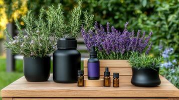 Aromatherapy Essential Oils Lavender Rosemary in Black Bottles Garden Setting photo