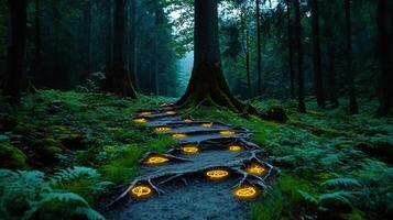 Enchanting Forest Path Illuminated with Glowing Symbols Mystical Nature Scene photo