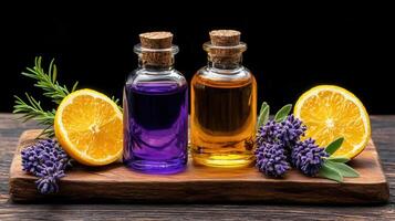 Aromatic Essential Oils Lavender Lemon Rosemary in Glass Bottles photo
