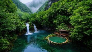 Serene Waterfall Oasis Lush Green Forest Cascading Water Tranquil Pool photo