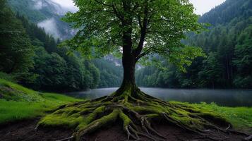 Majestic Tree with Exposed Roots by Serene Lake in Lush Green Forest Landscape photo