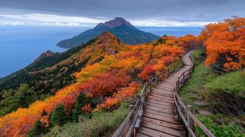 Scenic Autumn Mountain Trail with Ocean View Winding Wooden Walkway through Vibrant Fall Foliage photo