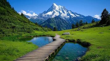 Serene Mountain Lake Walkway Wooden Bridge Path to Majestic Peak photo