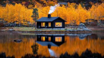 Serene Autumn Cabin by Lake with Golden Birch Trees Reflection photo