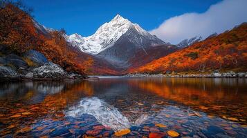 Stunning Autumnal Mountain Lake Landscape with Snow Capped Peak Reflection photo