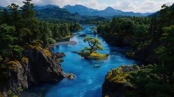 Serene Mountain River Landscape Solitary Tree on Island Lush Forest Crystal Blue Water photo