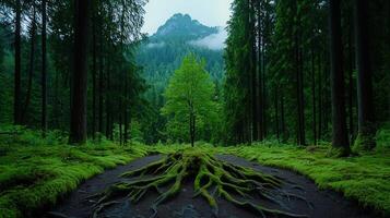 Majestic Tree Roots Path in Lush Evergreen Forest with Mountain View photo