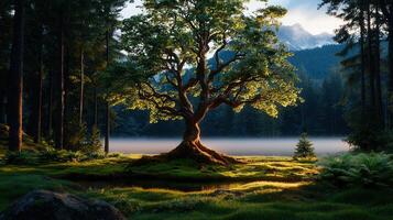 Majestic Sunrise over Serene Lake with Ancient Tree in Misty Forest Landscape photo
