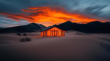 Illuminated Desert House at Sunset Modern Architecture in Sand Dunes Landscape photo
