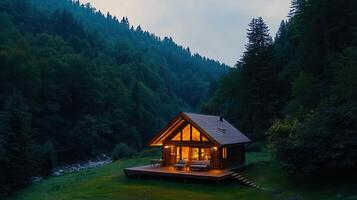 Secluded Log Cabin in Forest at Dusk Cozy Mountain Getaway Illuminated Interior photo