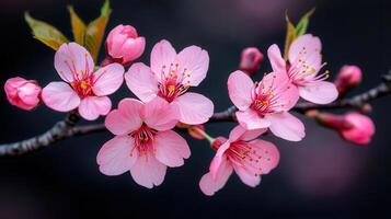 Delicate Pink Cherry Blossoms in Full Bloom on Branch Spring Flowers Macro Photography photo