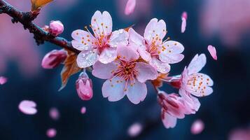 Stunning Pink Cherry Blossoms with Dew Drops and Falling Petals Spring Nature Photography photo