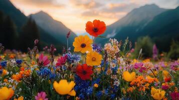 Vibrant Wildflower Meadow Sunset Landscape with Colorful Blooms and Mountain Backdrop photo