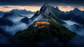 Serene Mountaintop Pavilion Asian Architecture Misty Peaks Sunrise Landscape photo