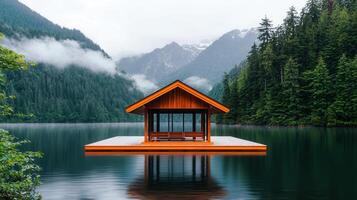 Serene Wooden Lakeside Pavilion in Mountain Lake with Foggy Forest Background photo