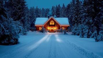 Cozy Illuminated Log Cabin in Snowy Winter Forest Night Scene photo