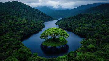 Serene Island Tree in Lush Tropical Rainforest Lake Aerial View photo