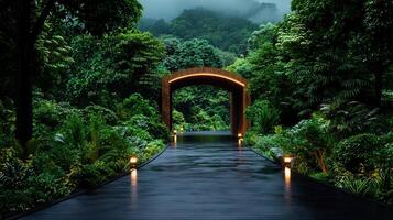 Lush Rainforest Path with Wooden Archway and Wet Deck Tranquil Nature Scene photo