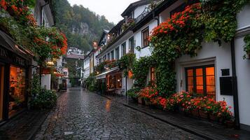 Charming Cobblestone Street European Village Rainy Day Flowers Architecture photo