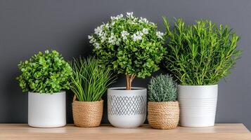 Stylish Potted Plants Arrangement Modern Home Decor with Herbs and Greenery photo
