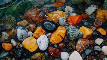Vibrant Colorful River Rocks Underwater Scene Smooth Stones Natural Texture Background photo