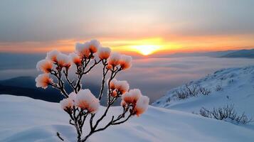 Scenic Winter Sunrise Landscape Snow Covered Flowers and Misty Mountains photo