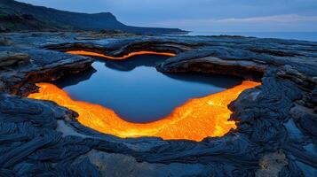 Stunning Oceanside Lava Flow Pool at Dusk Volcanic Rock and Fiery Orange Glow photo