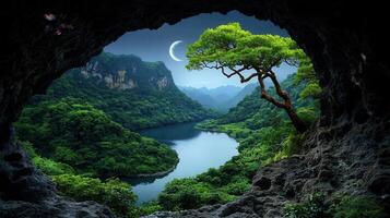 Serene Night View Moonlit River Valley Seen from Cave Opening Lush Green Landscape photo