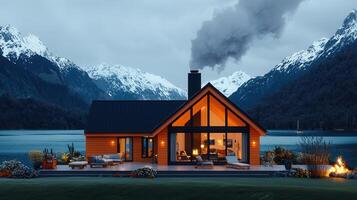 Luxurious Modern Lakeside Cabin Retreat in Snowy Mountains at Dusk photo
