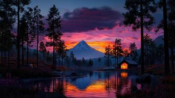 Stunning Sunset over Mountain Lake Cabin Forest Vibrant Colors photo