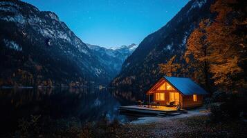 Serene Lakeside Cabin at Night Mountain View Autumn Leaves Starry Sky photo