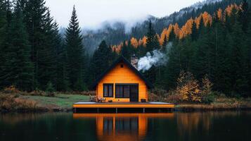 Secluded Lakeside Cabin in Autumnal Forest Misty Mountain View photo