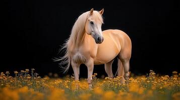 Stunning Palomino Horse in Yellow Flowers Elegant Equestrian Portrait Dark Background photo