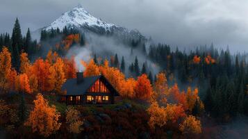 Cozy Autumn Cabin in Misty Mountain Forest with Colorful Fall Foliage photo