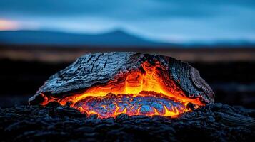 Glowing Lava Flowing Under Charred Log Volcanic Landscape at Dusk photo
