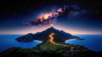 Serene Coastal Mountain Peak at Night Milky Way Galaxy Above Winding Road photo